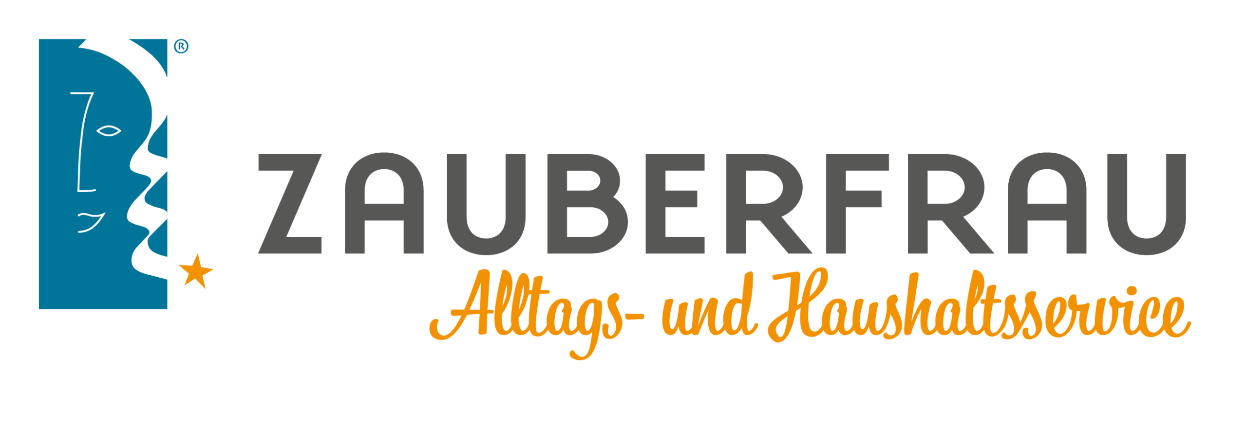 Logo: Blauer Profilkopf, kleine orangefarbene Sternsymbolik und Schriftzug „ZAUBERFRAU Alltags- und Haushaltsservice“.