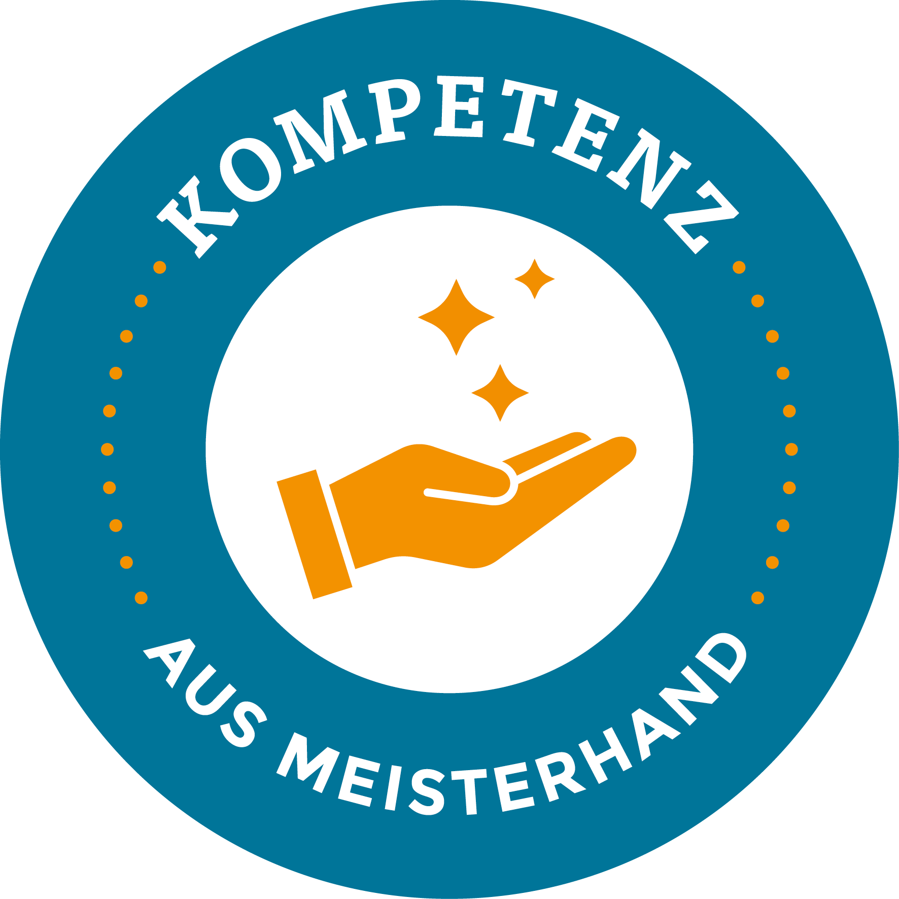 Blauer runder Button mit orangefarbener Hand und Funken-Symbol sowie dem Text „Kompetenz aus Meisterhand“ auf Deutsch.