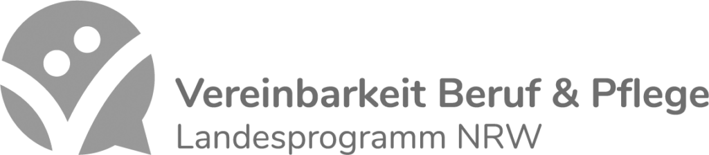 Graues Logo mit zwei Kreisen und einem Haken, daneben der Schriftzug „Vereinbarkeit von Beruf und Pflege – Landesprogramm NRW“.
